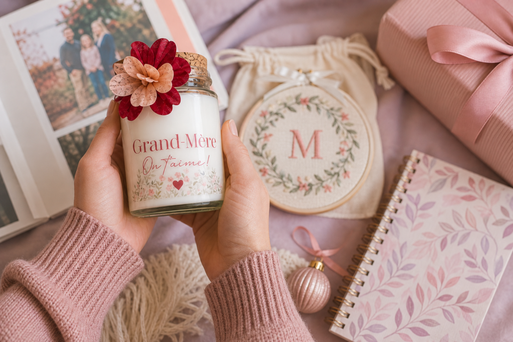 Idées de cadeaux personnalisés pour Noël avec album, carnet, broderie, décoration et bougie artisanale